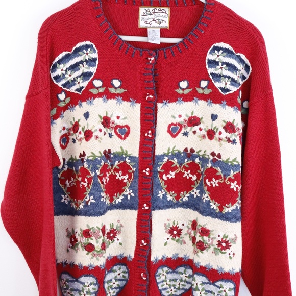Vintage Hand Knit Sweater w/ Hearts Embroidery Valentines Day Cardigan - LARGE - Picture 4 of 16
